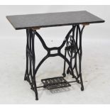 A Jones & Co sewing machine base converted to a table with granite top, 90 x 43cm, height 77cm.