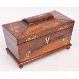 An early Victorian rosewood and mother of pearl inlaid sarcophagus shaped lidded box,