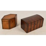 A late George III mahogany, crossbanded and boxwood strung hexagonal tea caddy, width 17.