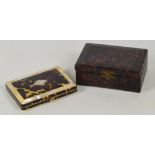 A tortoiseshell and mother of pearl card case with silver lozenge shaped inset bearing initialled