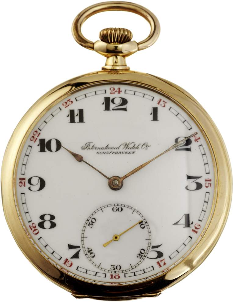 Taschenuhr "IWC" Um 1930. Guillochiertes Gehäuse aus Gelbgold 585. Signierter Staubdeckel aus