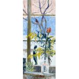 Hediger Kurt 1932 Rothrist "Winterfenster - Rose und Mimose". Oel auf Leinwand. Signiert unten