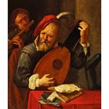 Holländische Schule um 1700 "Musiker". Oel auf Holz. Verso roter Siegellack-Stempel und alte