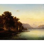 Sütterlin Johann 1823 Oberwil - 1872 Solothurn "Abendstimmung am Ufer des Genfersees". Oel auf