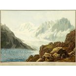 Mont Blanc Um 1800. Kolorierte Aquatintaradierung nach G. Lory. Bildmasse 22 cm × 29.5 cm