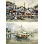 Chin Chung 1933 Asiatische Schule "Hafen / Marktszene". Aquarell auf Büttenpapier. Beide Werke