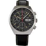 Chronograf "Heuer" 70-er Jahre. Stahlgehäuse. Boden verschraubt. Schwarzes, signiertes Zifferblatt