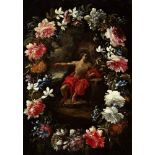 Flämische Schule um 1700 "Der heilige Johannes im Blütenkranz". Oel auf Kupfer. Unsigniert. Gerahmt.