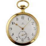 Taschenuhr "Omega" Um 1920. Glattes Gehäuse und Staubdeckel aus Gelbgold 750. Signiertes