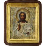Ikone Russland um 1900. "Christus Pantokrator". Temperamalerei auf Holz. Ornamental graviertes Oklad