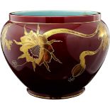 Cachepot Saargemünd Anfang 20. Jh. Rot glasierte Keramik mit floraler Jugendstilmalerei in Gold.