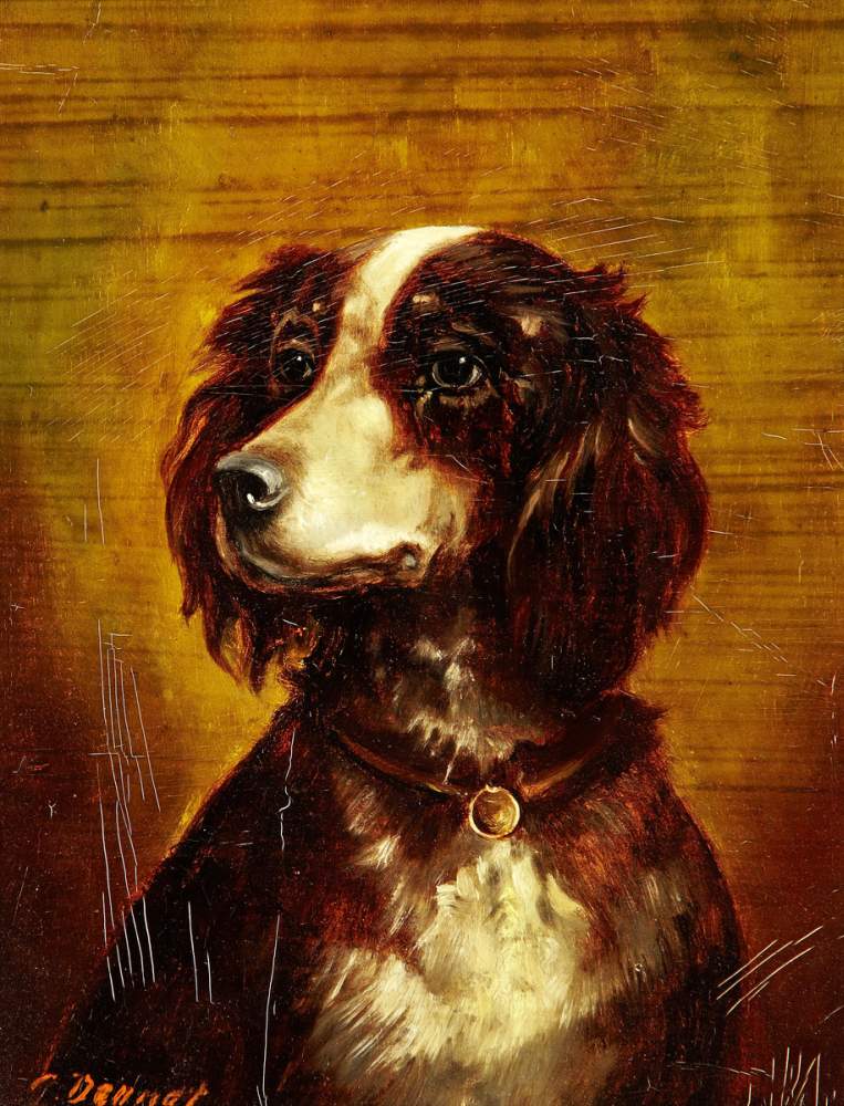 Hundeportrait "Setter" 20. Jh. Oel auf Malkarton. Signiert. Gerahmt. Bildmasse 17 cm × 12 cm