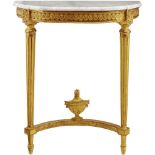 Konsole 20. Jh. Stil Louis XVI. Holz geschnitzt und vergoldet. Deckplatte aus weissem Marmor.