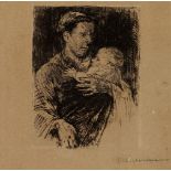 Liebermann Max 1847 - 1945 Berlin "Mutter mit Kind". Radierung auf hellbraunem Papier. Signiert.