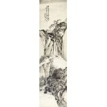 Rollbild China um 1900. Tusche und wenig Farbe auf Papier, Seidenmontur. Zwei Gelehrte in Pavillon