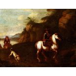 Oelgemälde 18./19. Jh. "Zwei Reiter mit Hund", verso bezeichnert "K.B. 207". Gerahmt. Bildmasse 33