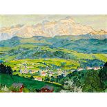 Grüneisen Eduard 1883 Bern - 1966 Erlinsbach "Teufen mit Säntis". Tempera auf Malkarton. Verso vom