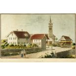 Madiswil Um 1825. Aquatintaradierung. Koloriert. Samuel Weibel. Gerahmt. Bildmasse 11.5 cm × 17.5