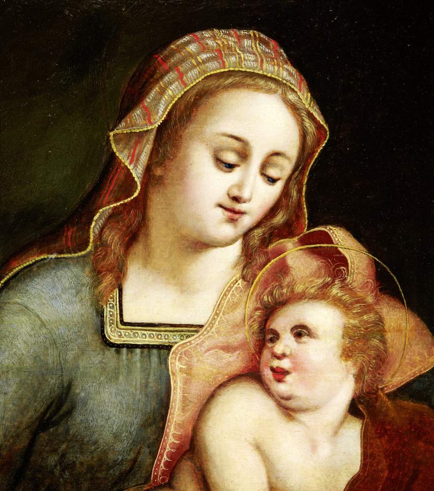 Italienische Schule um 1700 "Madonna mit Kind". Oel auf Holz. Gerahmt. Bildmasse 37 cm × 31 cm