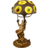 Tischlampe "Frosch" Anfang 20. Jh. Bronzehalterung "Frosch auf Baumstrunk". Dreipassige Halterung.