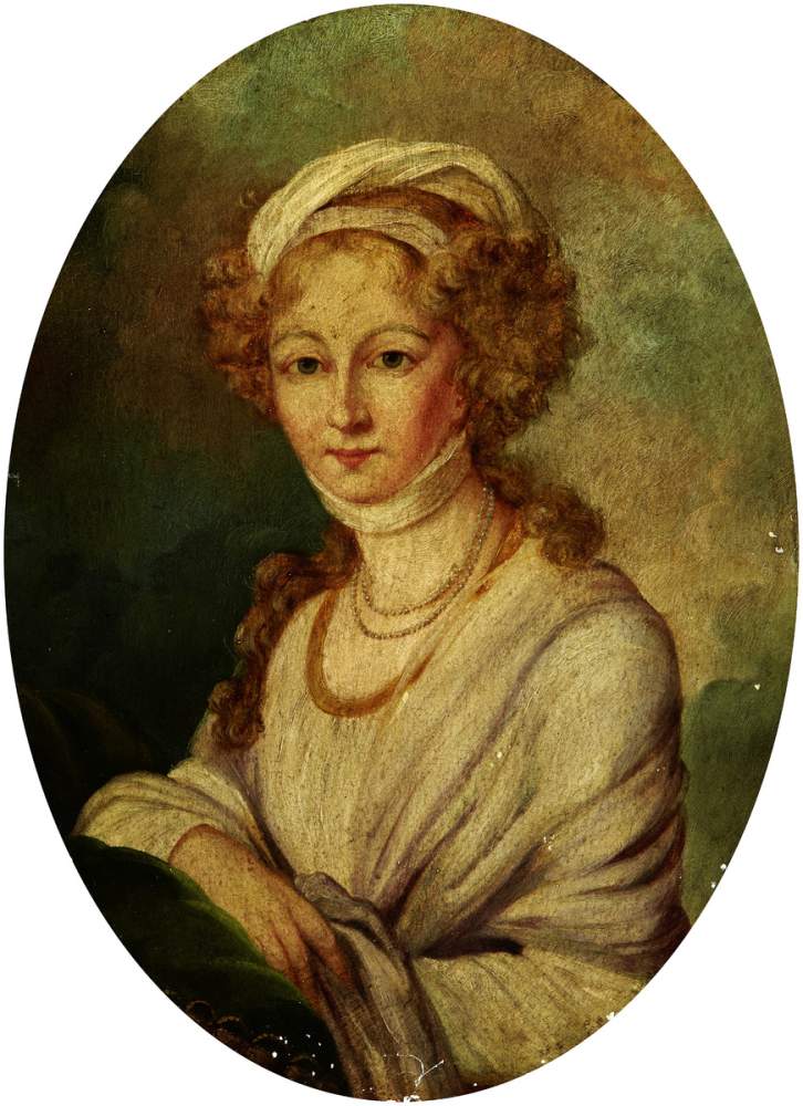 Anonym um 1800 "Damenportrait". Oel auf Holz. Kleine Fehlstelle, Kratzer. Bildmasse 39 cm × 29 cm