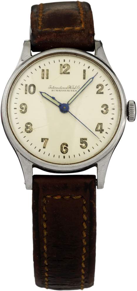 Armbanduhr "IWC" Um 1950. IWC Schaffhausen. Stahlgehäuse. Gedrückter Boden mit Widmungsgravur.