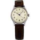 Armbanduhr "IWC" Um 1950. IWC Schaffhausen. Stahlgehäuse. Gedrückter Boden mit Widmungsgravur.