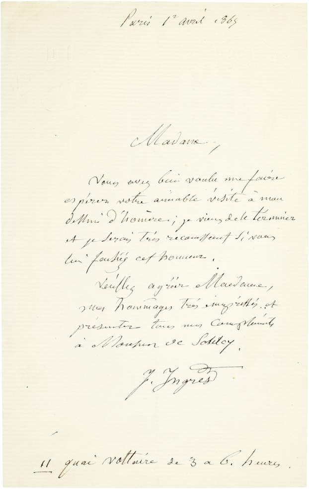 Ingres Jean-Auguste-Dominique 1780 Montaubon - 1867 Paris Handgeschriebener Brief des Künstlers.