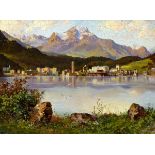 St. Moritz - Piz la Margna Um 1900. Oelvedute auf Malkarton. Unten links monogrammiert "FL"? Verso