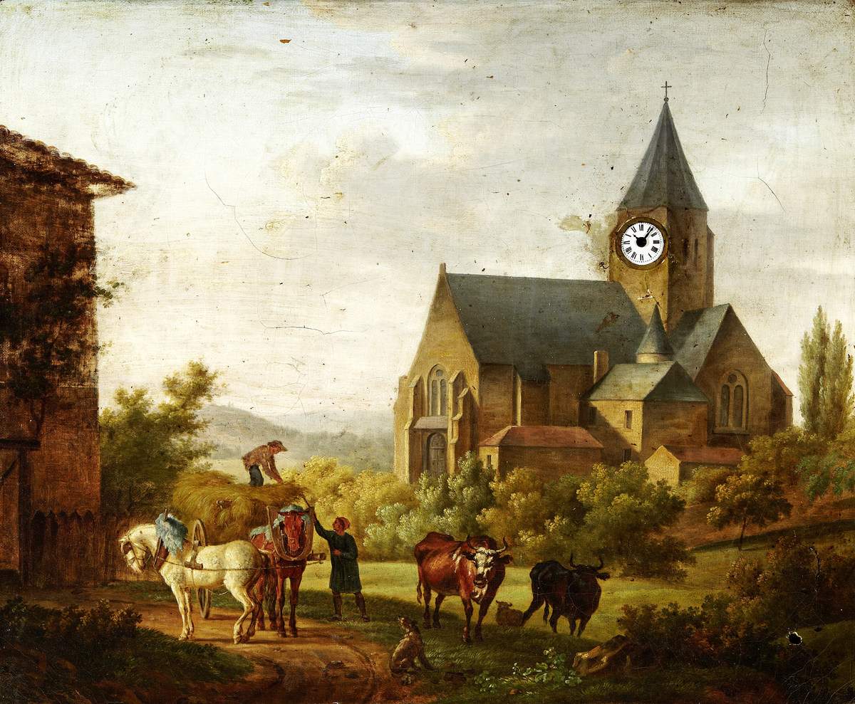 Bilderuhr Frankreich um 1830. Oelgemälde auf Leinwand mit ländlicher Szene und Kirche. Vergoldeter