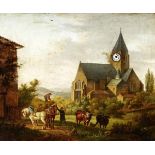 Bilderuhr Frankreich um 1830. Oelgemälde auf Leinwand mit ländlicher Szene und Kirche. Vergoldeter