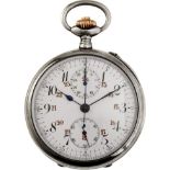 Taschenuhr mit Chronograf Um 1920. Guillochiertes Silbergehäuse. Emailzifferblatt. Werk mit