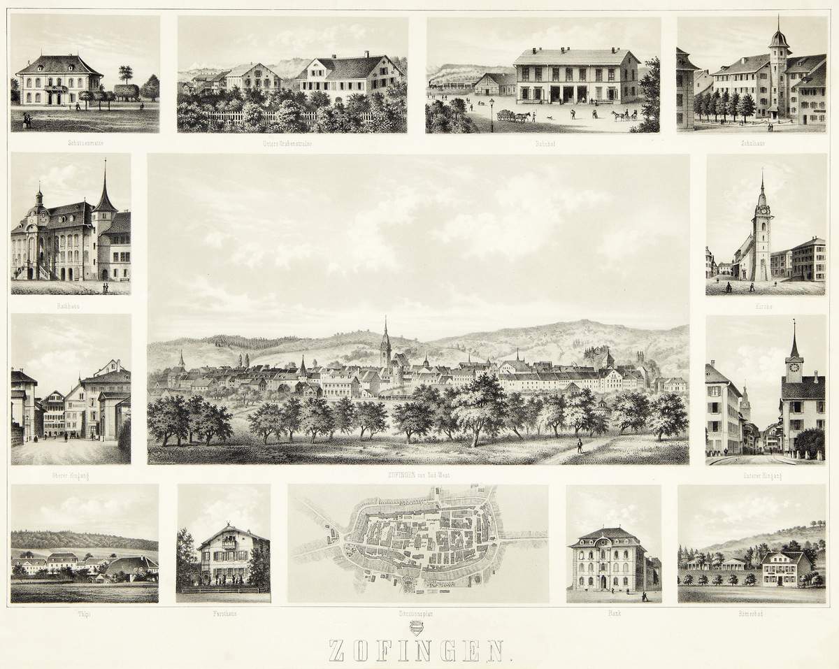 Zofingen Um 1870. Lithografie. Mittelbild mit 12 Detailansichten und Situationsplan. Im Hauptbild