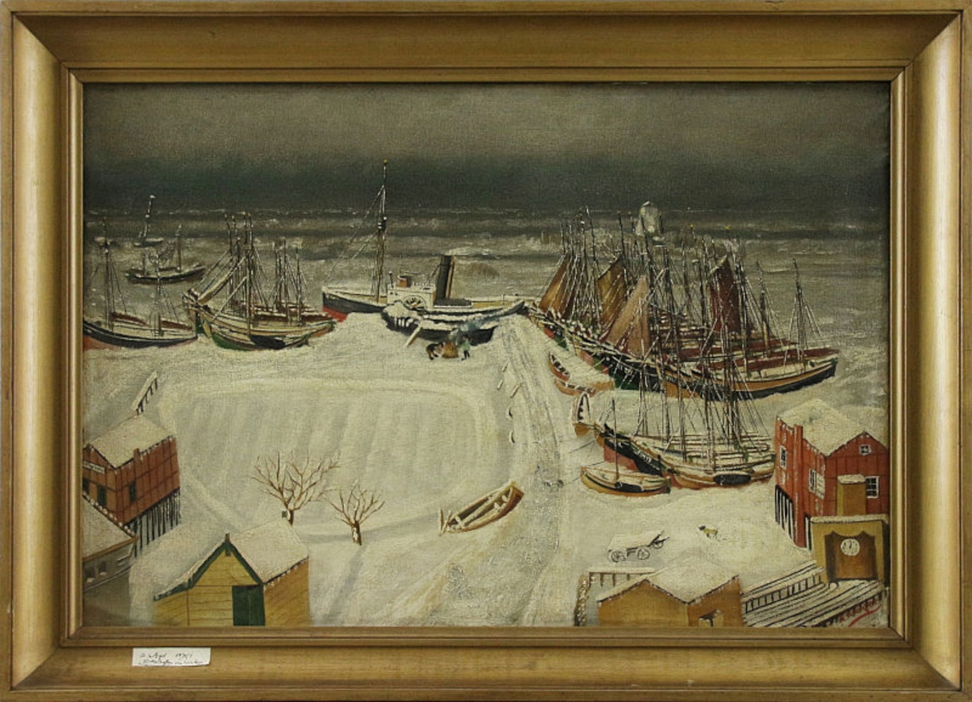 Öl auf Leinwand - "Hafenansicht im Winter mit Fischerbooten", 1931 unten rechts in Rot