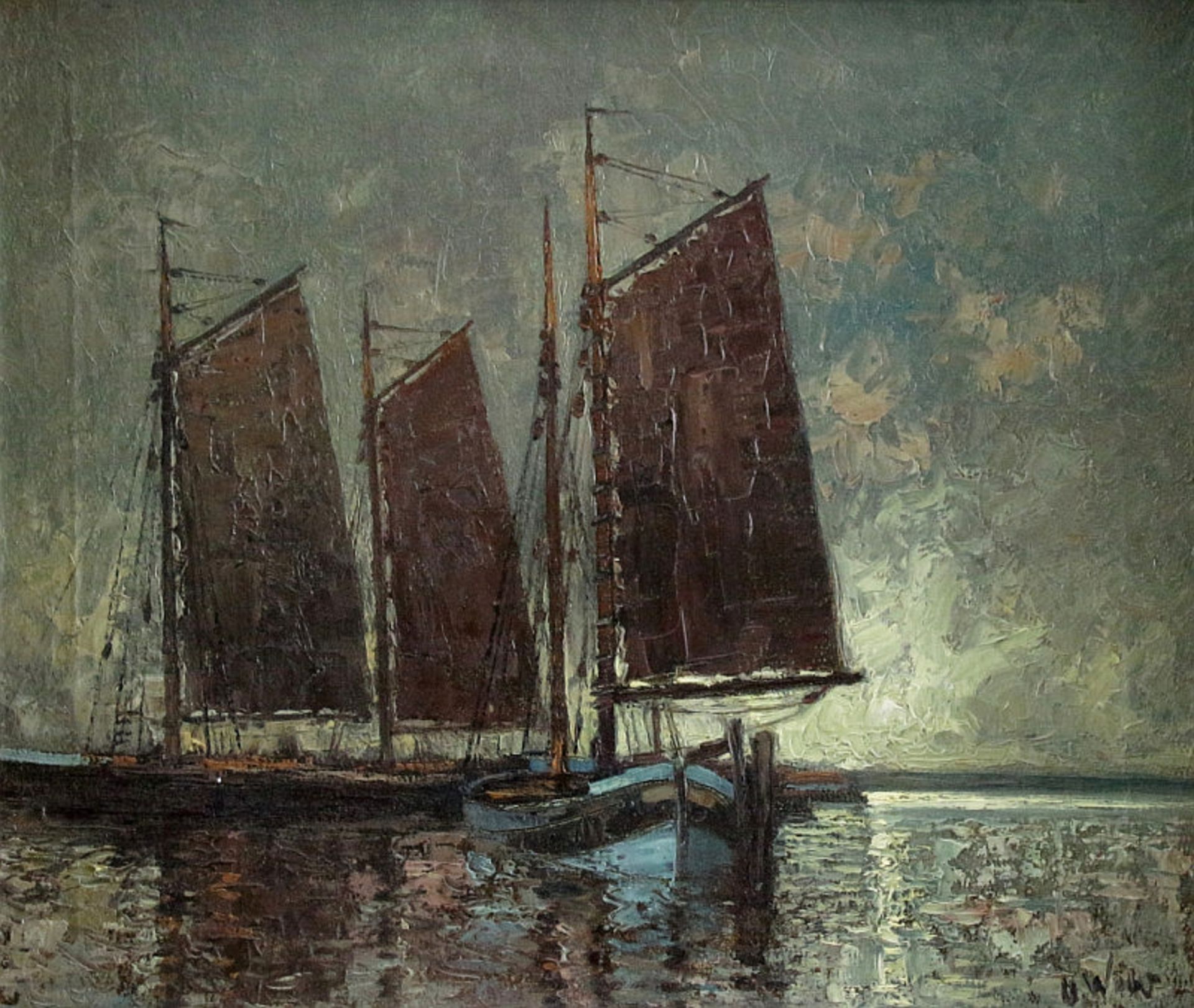 Otto Wild (1898 - 1971) - Öl auf Leinwand, "Fischerboote unter bewölktem Himmel" unten rechts - Bild 2 aus 4