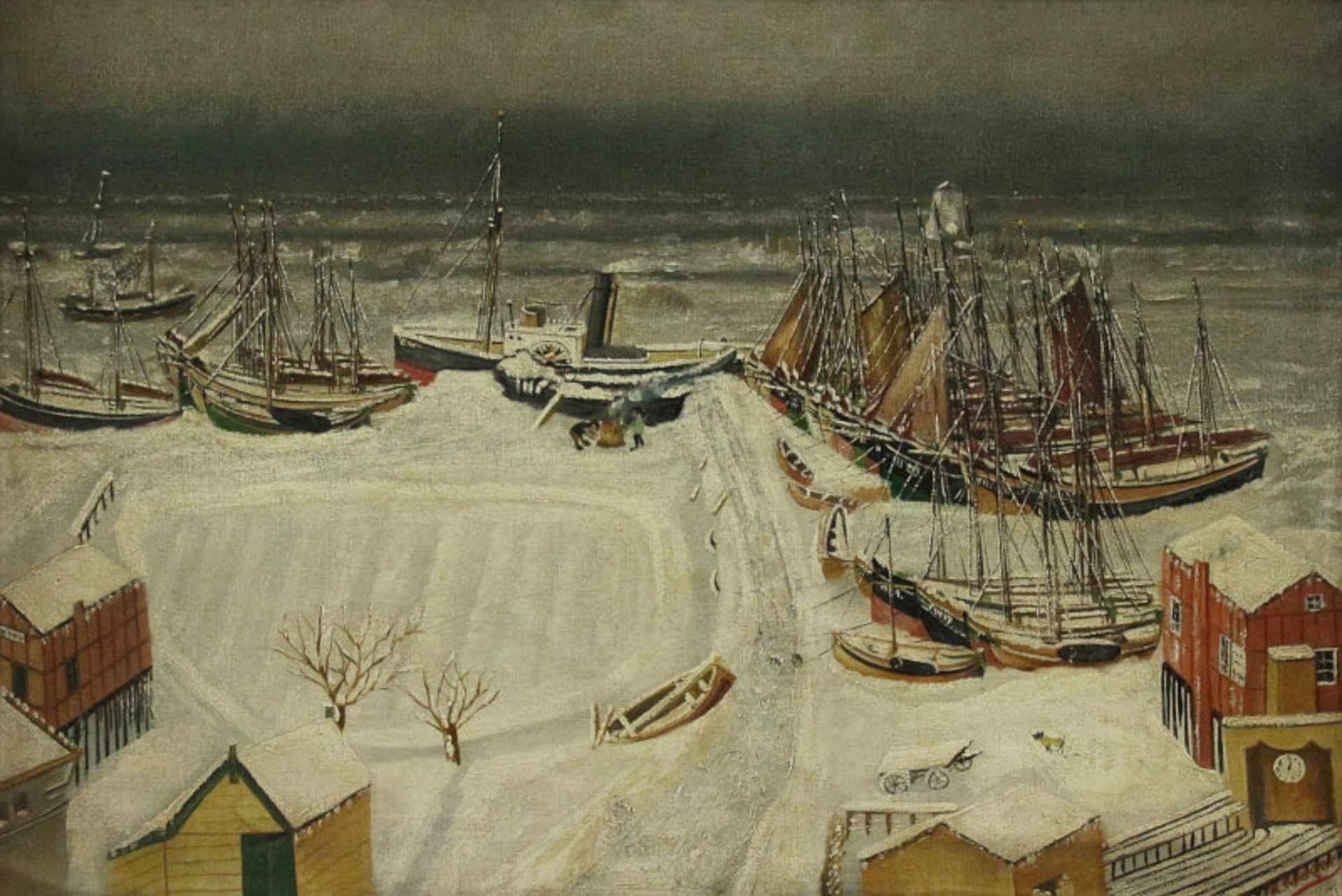 Öl auf Leinwand - "Hafenansicht im Winter mit Fischerbooten", 1931 unten rechts in Rot - Bild 2 aus 4