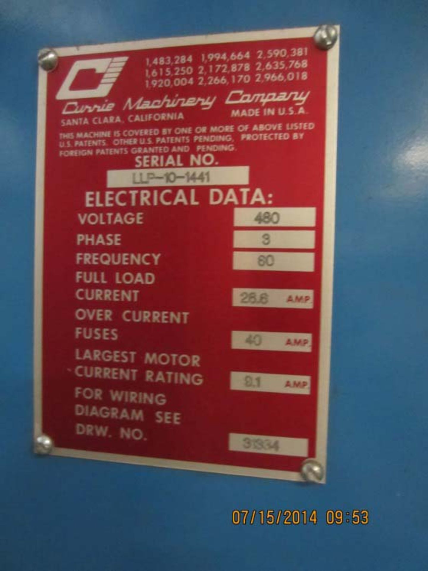 Currie Palletizer - 4 skids -Serial # LLP-10-1441 - 480V - 3 Phase - 60 Hz - Image 10 of 11