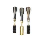 Three horn handled chamber brushes, each with horn handle, all by Hawksley and comprising 12, 16 and