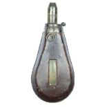 A Percy Tenantry powder flask, the leather covered body with polished horn powder level aperture,