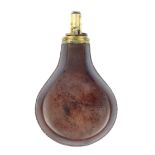 An early leather powder flask, the flattened pear shaped leather body with sprung brass top, ring-