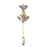 Sweetheart Brooches: A crowned Royal monogram stickpin, composed from yellow and white metals and