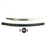 A signed Wakizashi bearing horimono, 38.75cm blade decorated with a horimono of a Ken and a