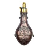 A fine J. W. Hawksley embossed copper powder flask, retaining virtually all of its original