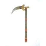 An Indian Zaghnal Axe, 17cm sharply curved head with serrated edges, the head mount of cast metal