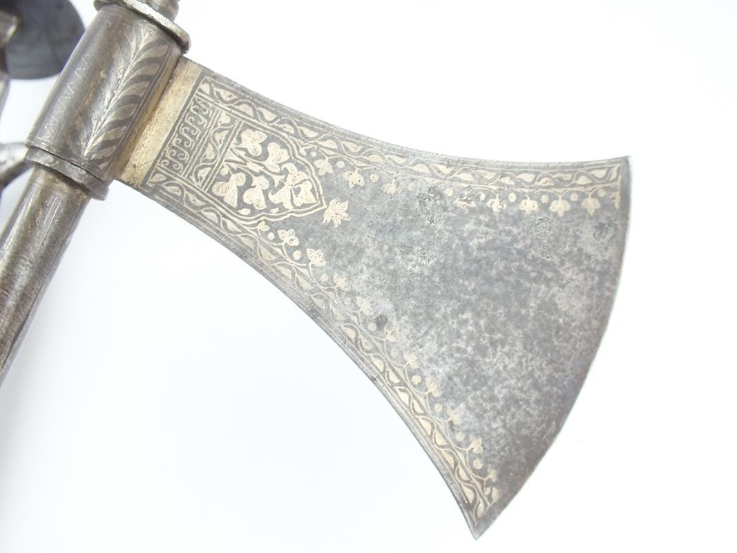 Two Late 19th Century Indian Axes and a Tulwar, the first axe 71cm over all length, 12cm diameter - Image 5 of 9