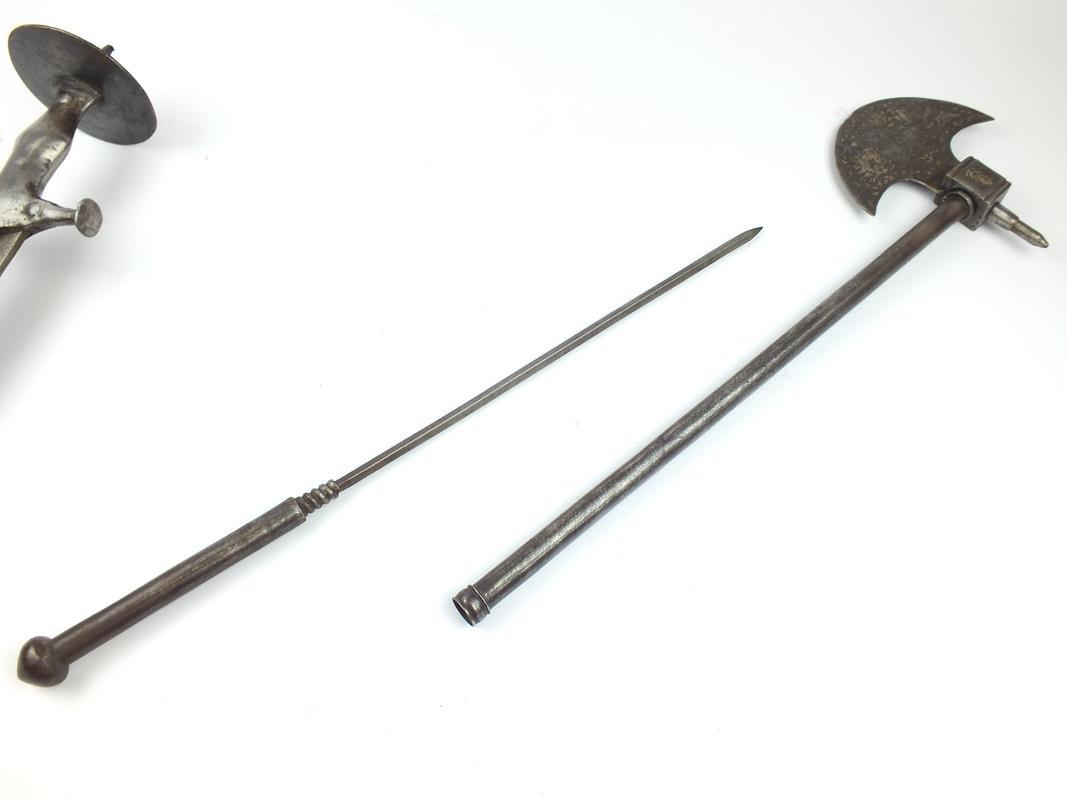 Two Late 19th Century Indian Axes and a Tulwar, the first axe 71cm over all length, 12cm diameter - Image 2 of 9