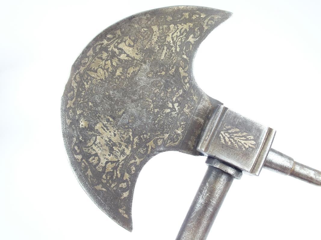 Two Late 19th Century Indian Axes and a Tulwar, the first axe 71cm over all length, 12cm diameter - Image 7 of 9