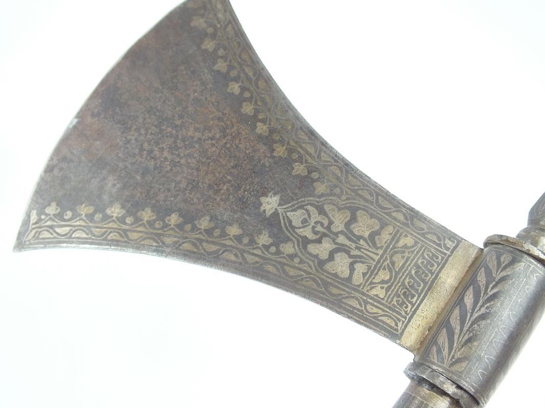 Two Late 19th Century Indian Axes and a Tulwar, the first axe 71cm over all length, 12cm diameter - Image 6 of 9