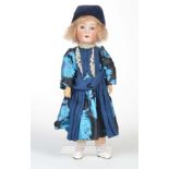 Reserve: 110 EUR    Doll with Head out of Porcelain, blue sleeping eyes, 4 teeth, blonde mohair wig,