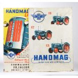 Reserve: 30 EUR    Tin Sign, 2x Hanomag, flat, paint d., rust d., seriously bent and damaged, C 4